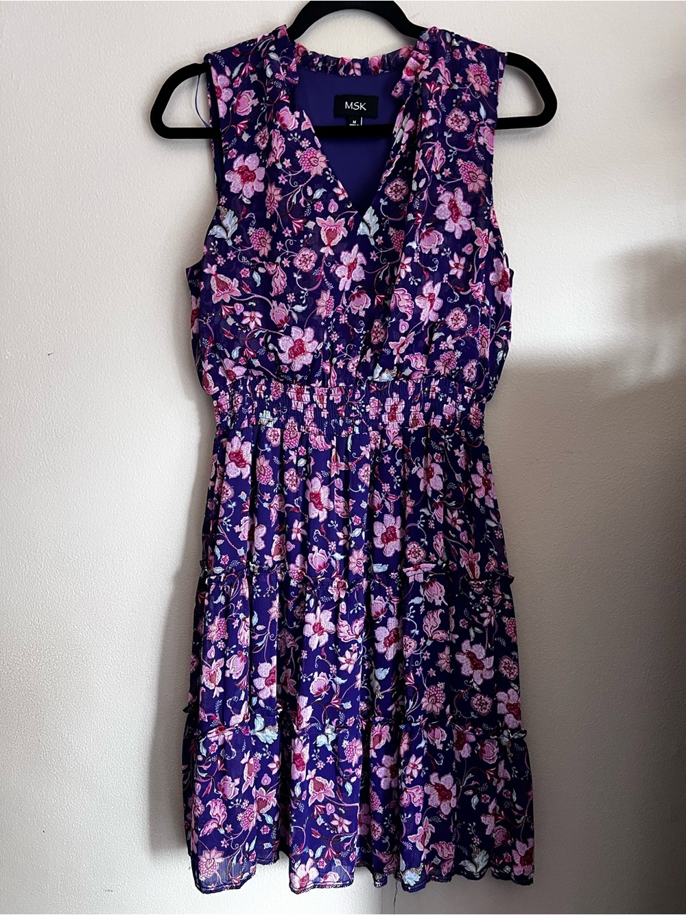 MSK Royal Purple Floral Smocked Waist Tiered Chiffon Dress Size M